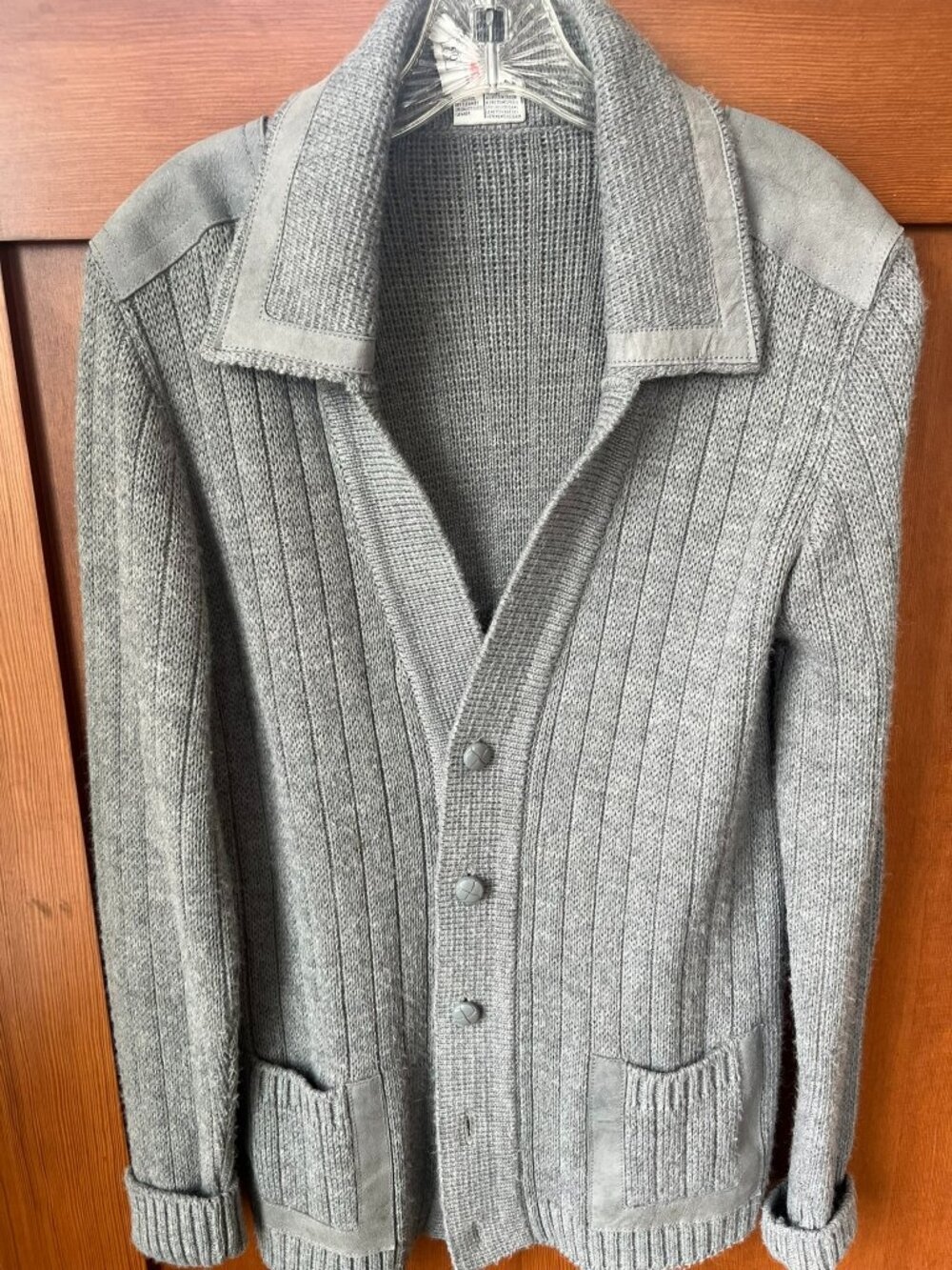 Vintage St Michael Suede Patch Cardigan Gray Sweater Grandpacore Retro Medium